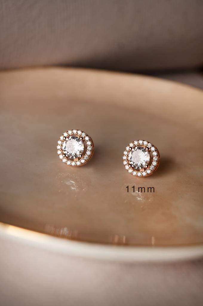 Mannash Halo Solitaire Rose Gold Plated Sterling Silver Earrings : MZRES122D211