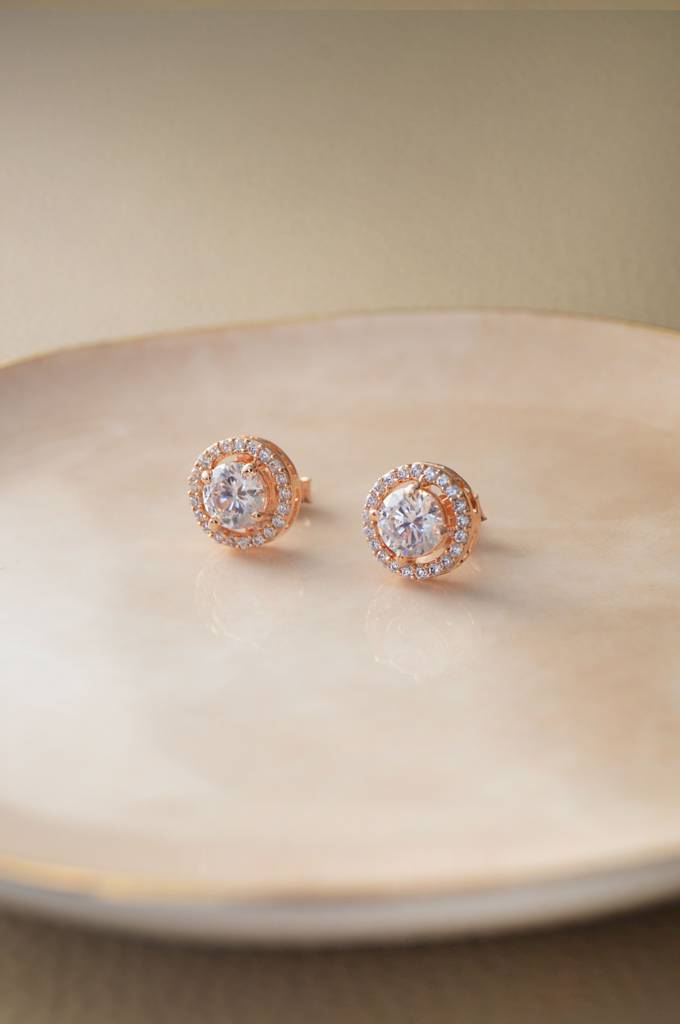 Mannash Halo Solitaire Rose Gold Plated Sterling Silver Earrings : MZRES122D211