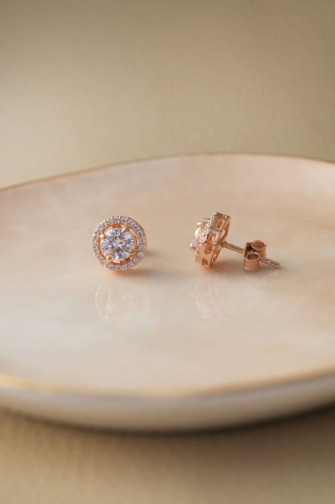 Mannash Halo Solitaire Rose Gold Plated Sterling Silver Earrings : MZRES122D211