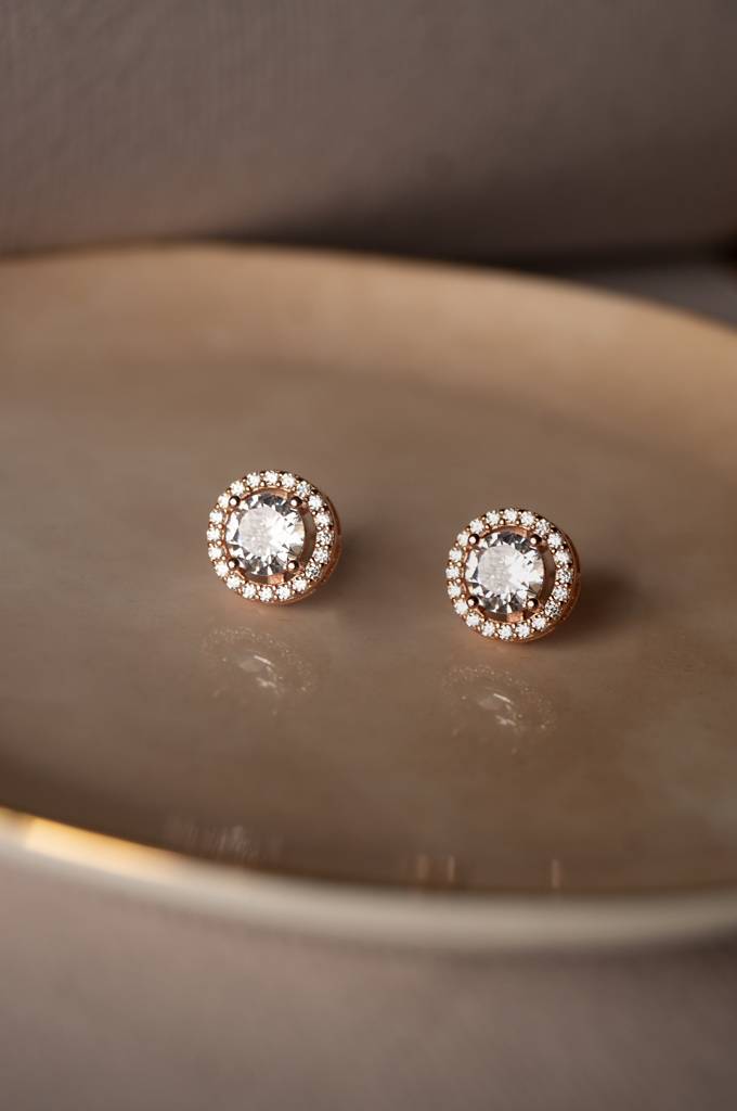 Mannash Halo Solitaire Rose Gold Plated Sterling Silver Earrings : MZRES122D211