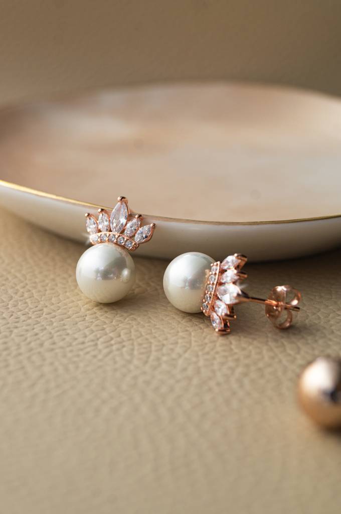 Mannash Pearl With A Crown Rose Gold Plated Sterling Silver Statement Stud Earrings : MZRES259D505