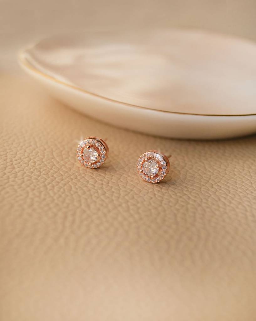 Halo Solitaire Rose Gold Plated Sterling Silver Earrings : MZRES304D595