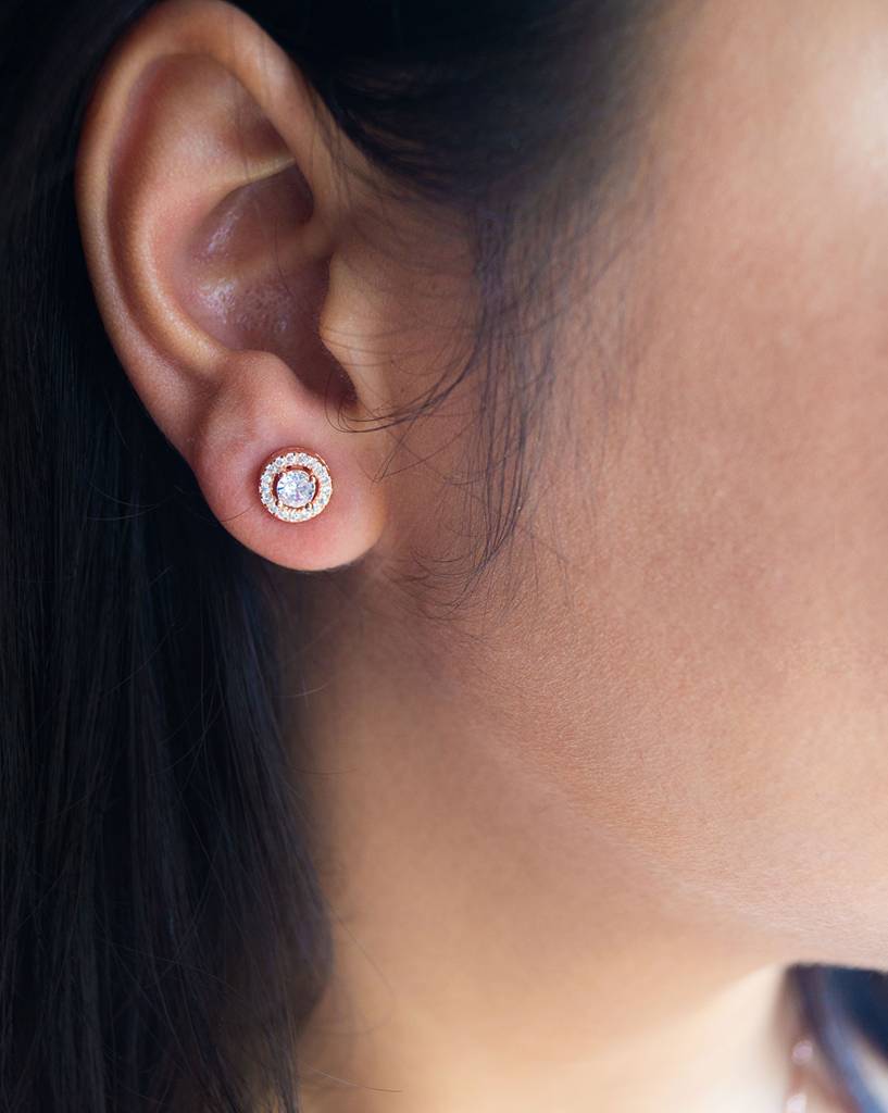 Halo Solitaire Rose Gold Plated Sterling Silver Earrings : MZRES304D595