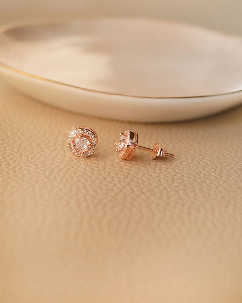 Halo Solitaire Rose Gold Plated Sterling Silver Earrings : MZRES304D595
