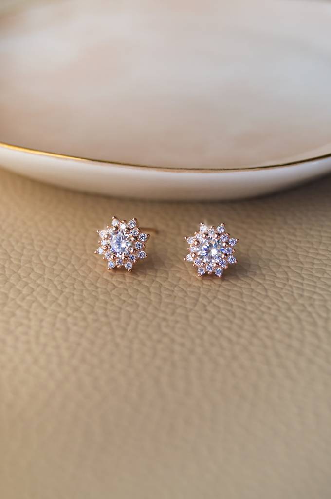 Floral Solitaire Rose Gold Plated Sterling Silver Stud Earrings : MZRES308D614