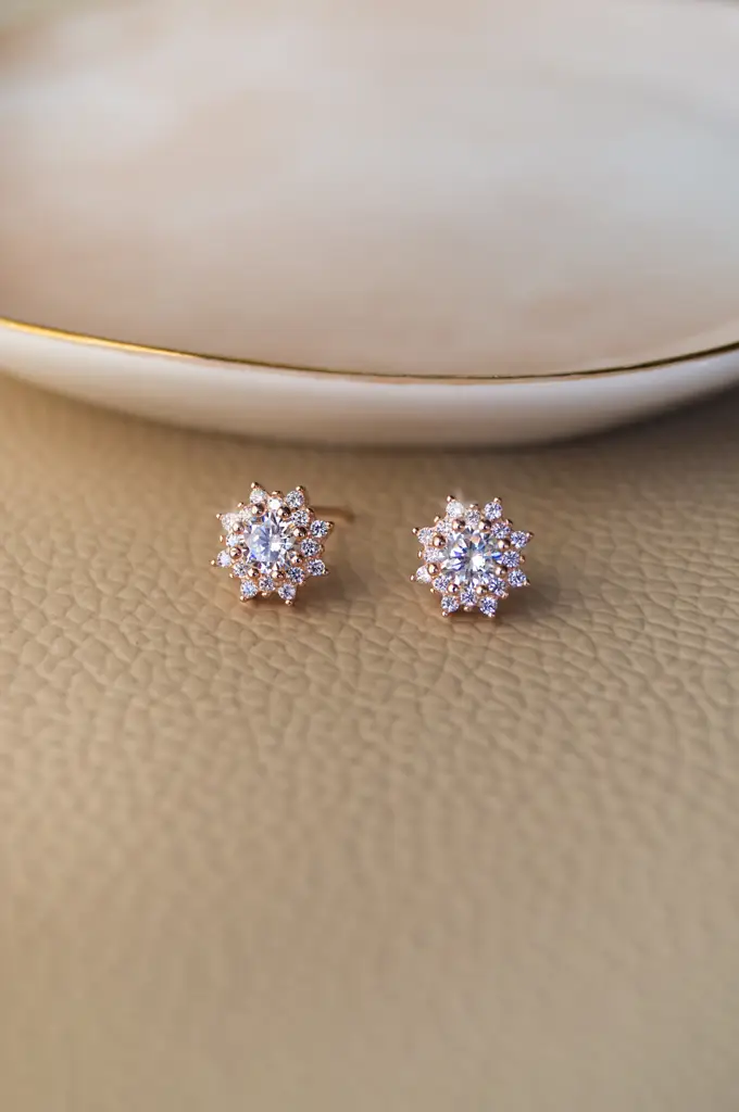 Floral Solitaire Rose Gold Plated Sterling Silver Stud Earrings