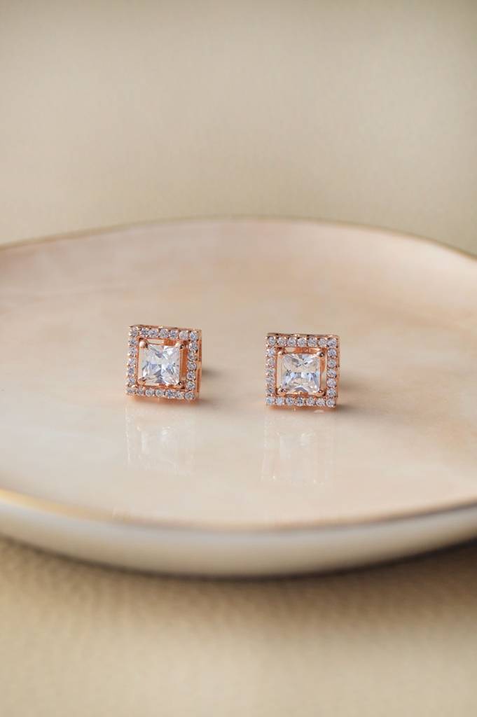 Mannash Halo Square Solitaire Rose Gold Plated Sterling Silver Earrings : MZRES373D812