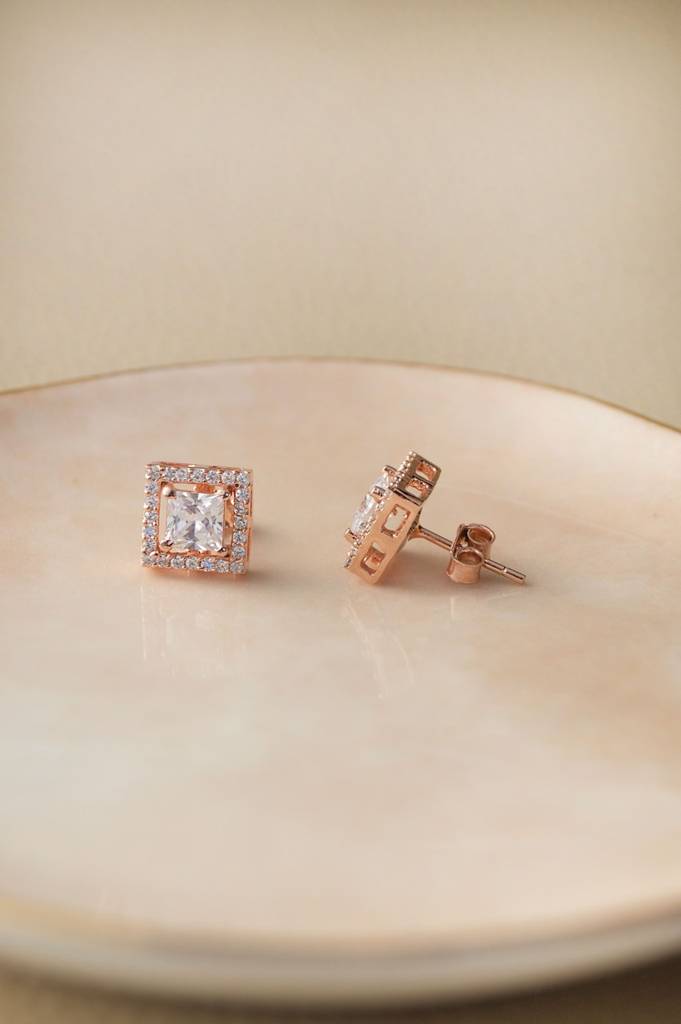 Mannash Halo Square Solitaire Rose Gold Plated Sterling Silver Earrings : MZRES373D812