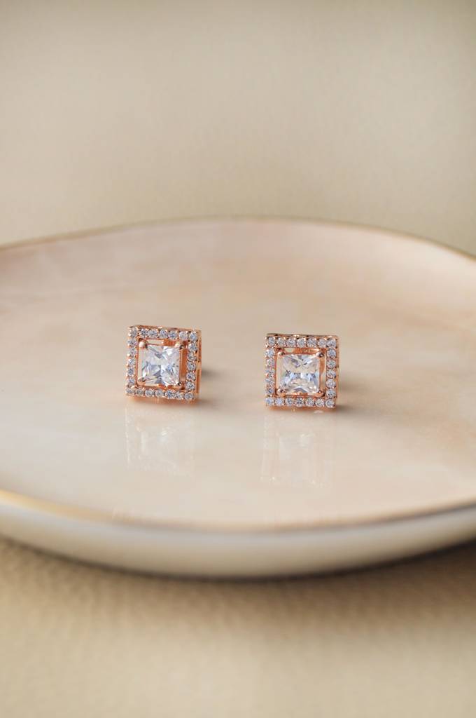 Mannash Halo Square Solitaire Rose Gold Plated Sterling Silver Earrings : MZRES373D812