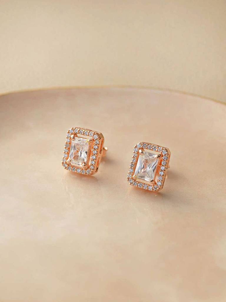 Mannash Halo Emerald Cut Solitaire Rose Gold Plated Sterling Silver Earrings : MZRES379D837