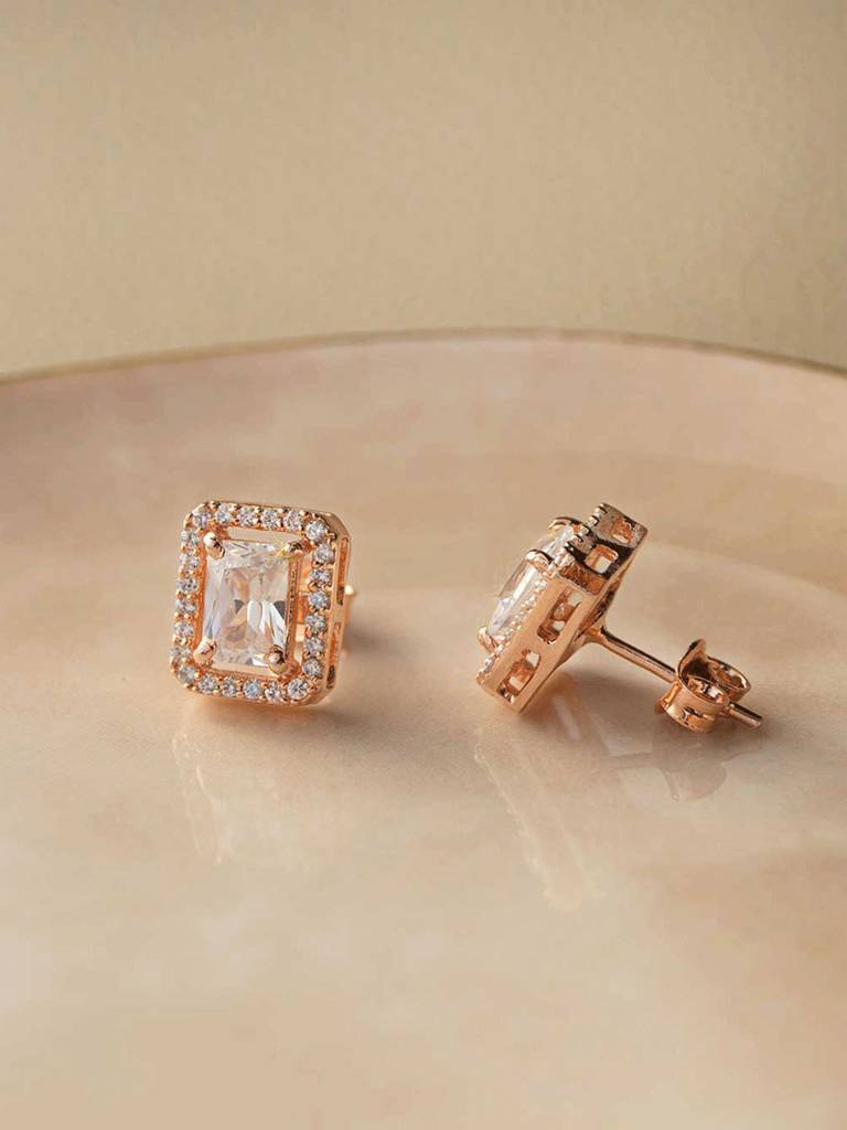 Mannash Halo Emerald Cut Solitaire Rose Gold Plated Sterling Silver Earrings : MZRES379D837