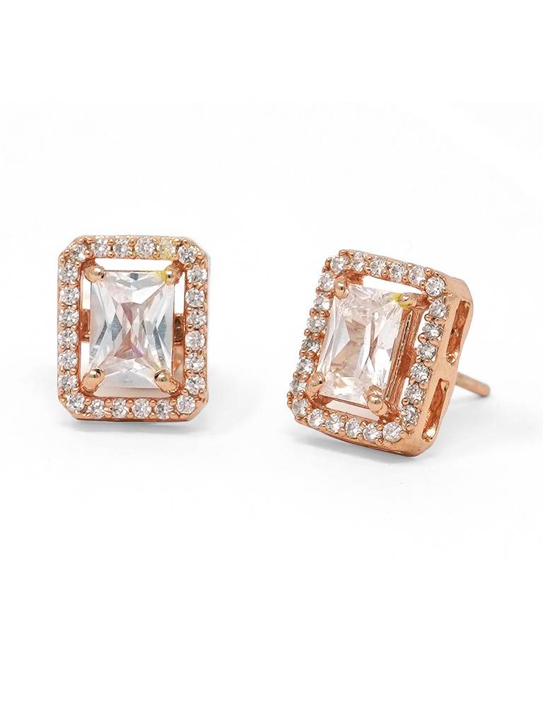 Mannash Halo Emerald Cut Solitaire Rose Gold Plated Sterling Silver Earrings : MZRES379D837