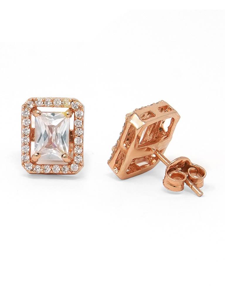 Mannash Halo Emerald Cut Solitaire Rose Gold Plated Sterling Silver Earrings : MZRES379D837