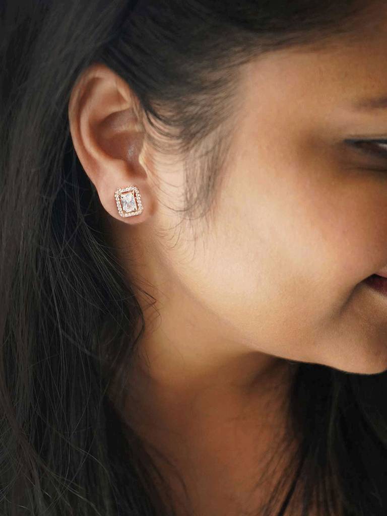 Mannash Halo Emerald Cut Solitaire Rose Gold Plated Sterling Silver Earrings : MZRES379D837