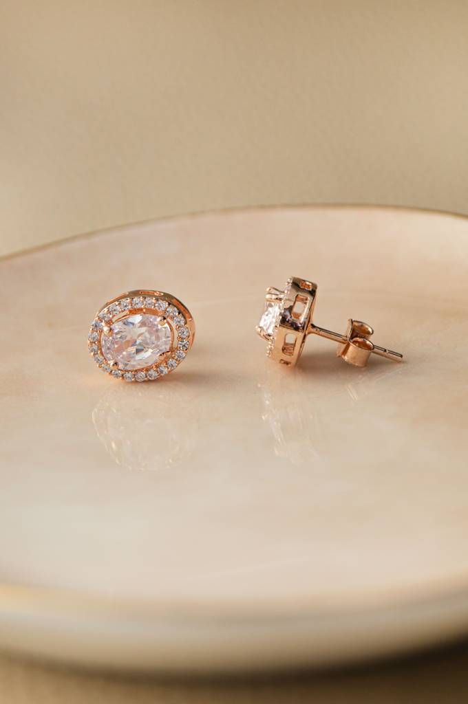 Mannash Halo Oval Rose Gold Plated Solitaire Sterling Silver Earrings : MZRES381D839