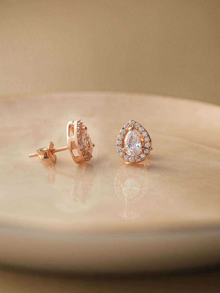 Mannash Halo Pear Rose Gold Plated Solitaire 925 Sterling Silver Earrings