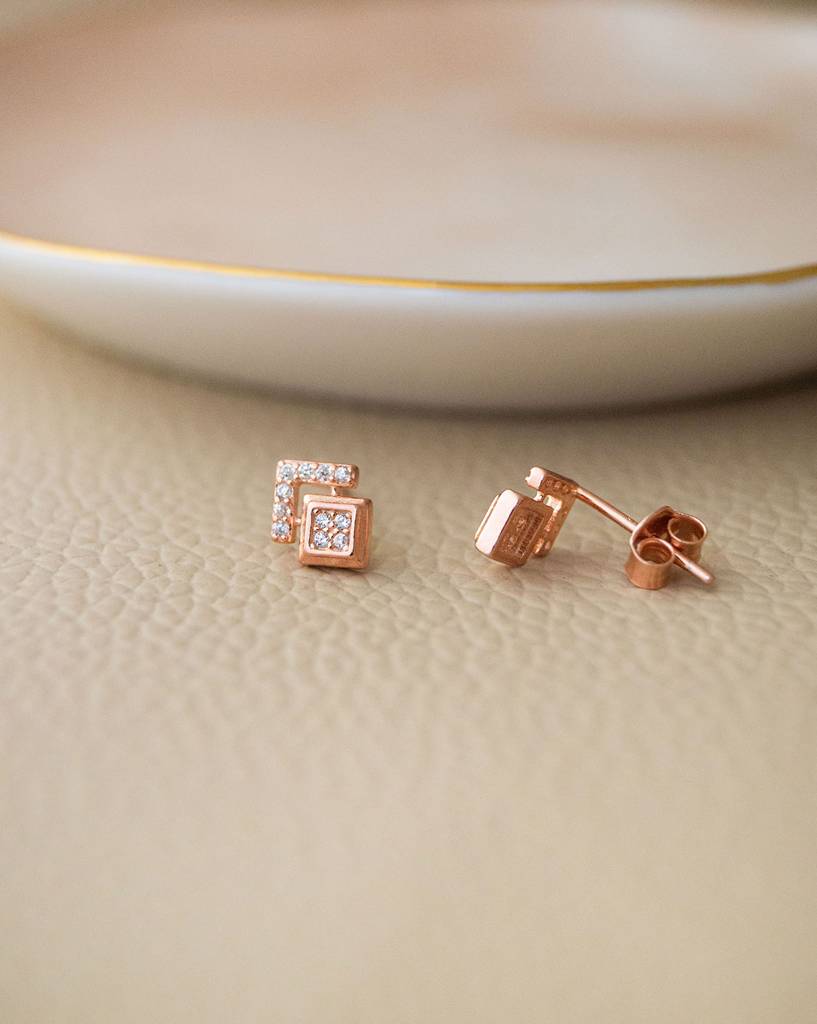 Grandeur Geometric Rose Gold Plated Sterling Silver Stud Earrings : MZRES557D1320
