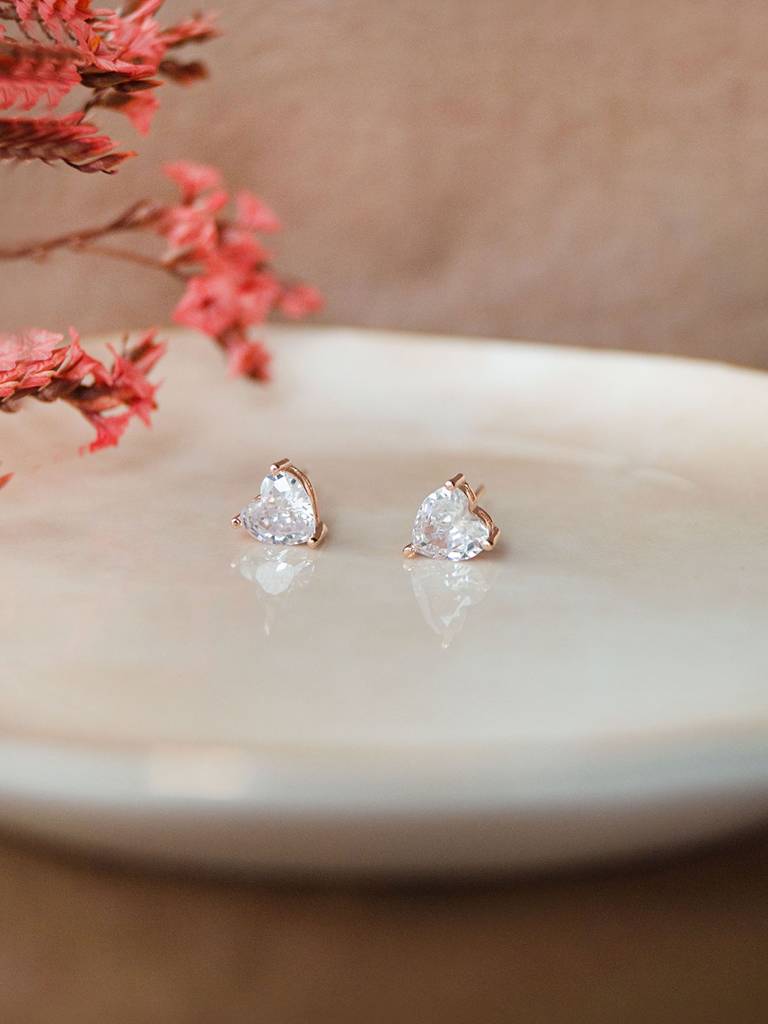 Mannash Lovable Heart Solitaire Rose Gold Plated Sterling Silver Stud Earrings : MZRES592D1411