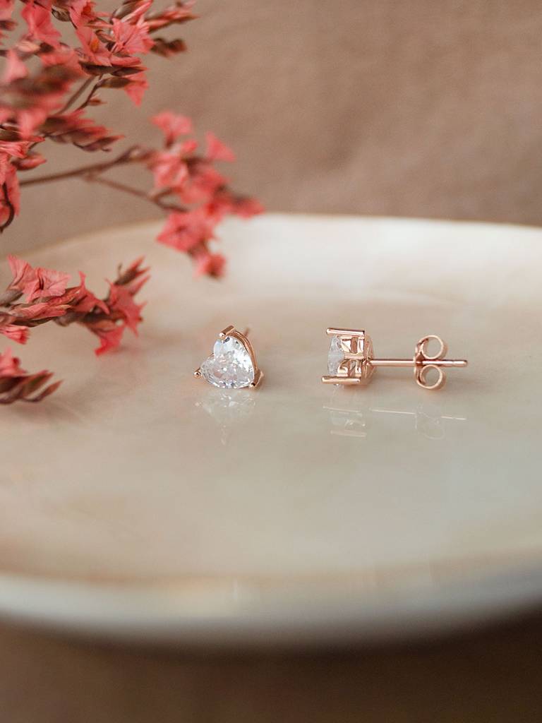 Mannash Lovable Heart Solitaire Rose Gold Plated Sterling Silver Stud Earrings : MZRES592D1411
