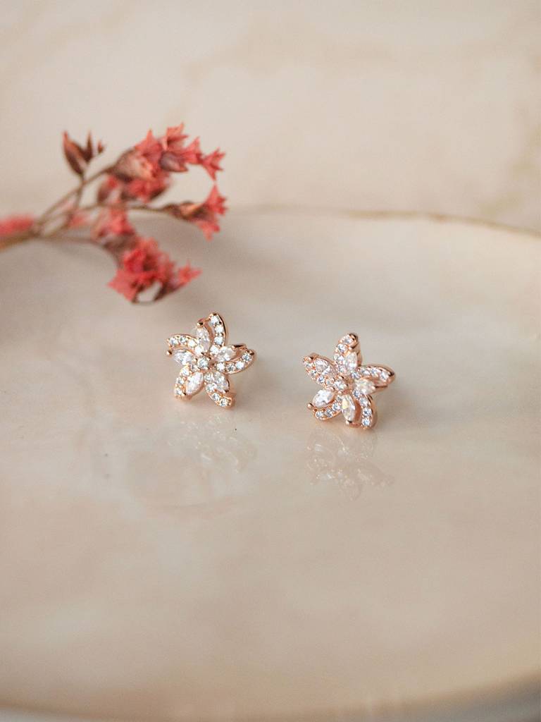 Swirling Flower Rose Gold Plated Sterling Silver Stud Earrings : MZRES744D1741