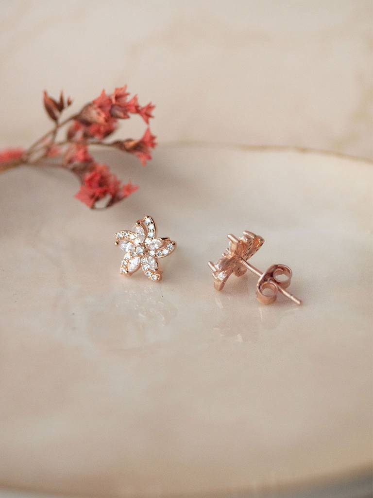 Swirling Flower Rose Gold Plated Sterling Silver Stud Earrings : MZRES744D1741