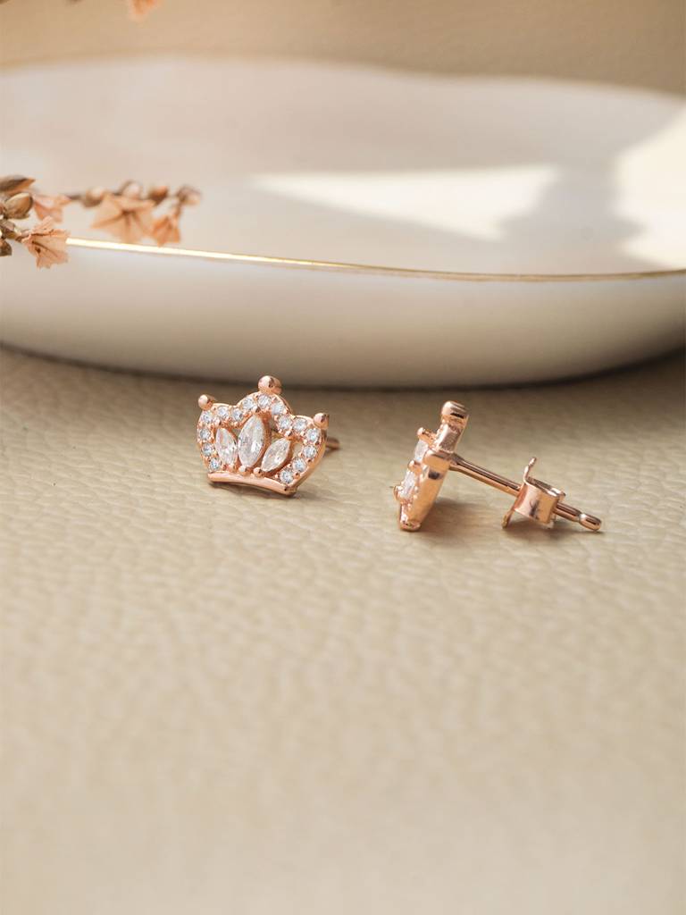 Mannash Pretty Crown Rose Gold Plated Sterling Silver Stud Earrings : MZRES801D1872