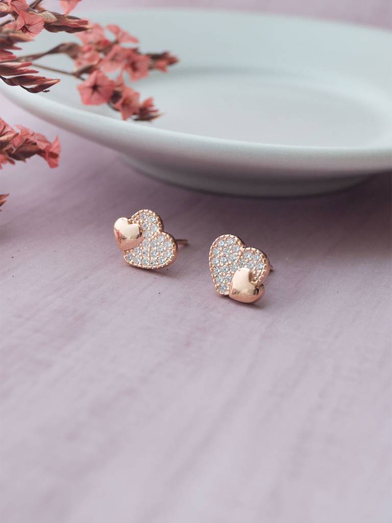 Mannash Hearts With Sparkle Rose Gold Plated Sterling Silver Stud Earrings : MZRES803D1882