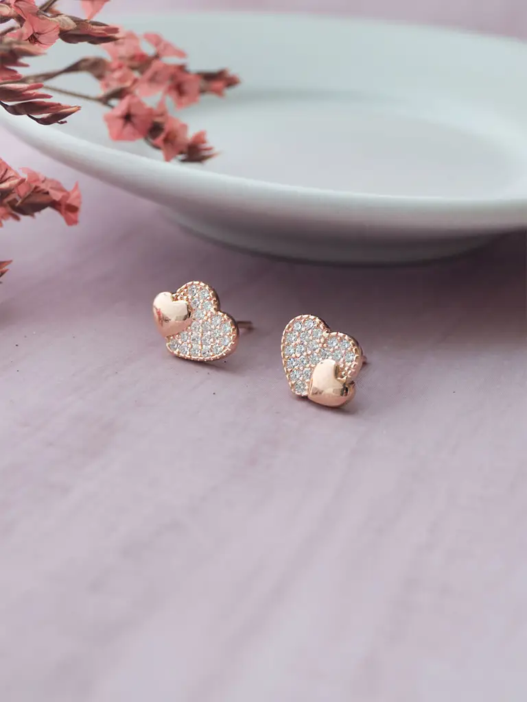 Mannash Hearts With Sparkle Rose Gold Plated Sterling Silver Stud Earrings