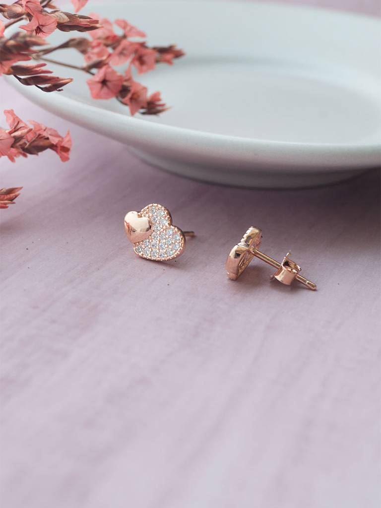 Mannash Hearts With Sparkle Rose Gold Plated Sterling Silver Stud Earrings : MZRES803D1882