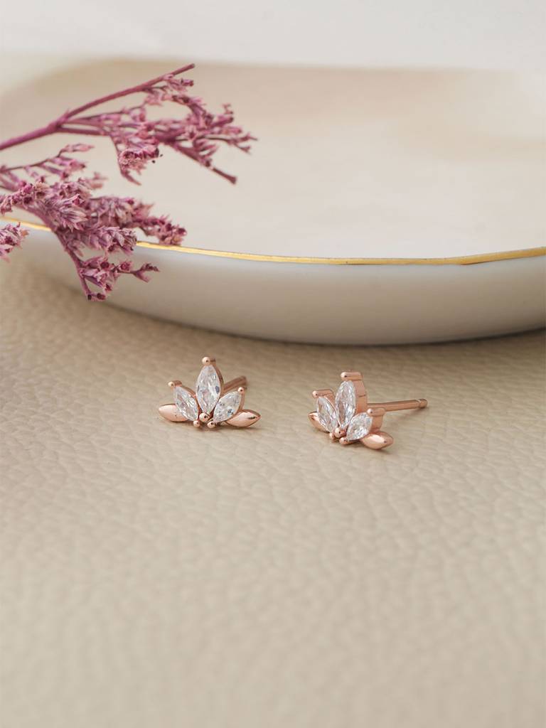 Mannash Half Flower Rose Gold Plated Sterling Silver Stud Earrings : MZRES879D2053