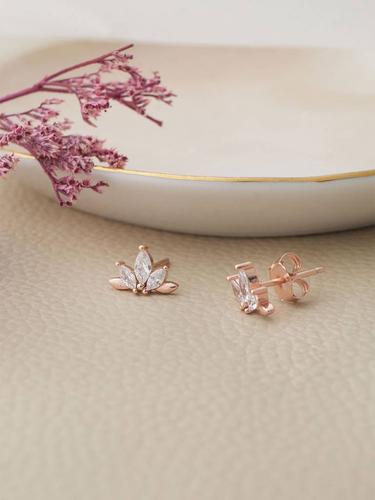 Mannash Half Flower Rose Gold Plated Sterling Silver Stud Earrings : MZRES879D2053