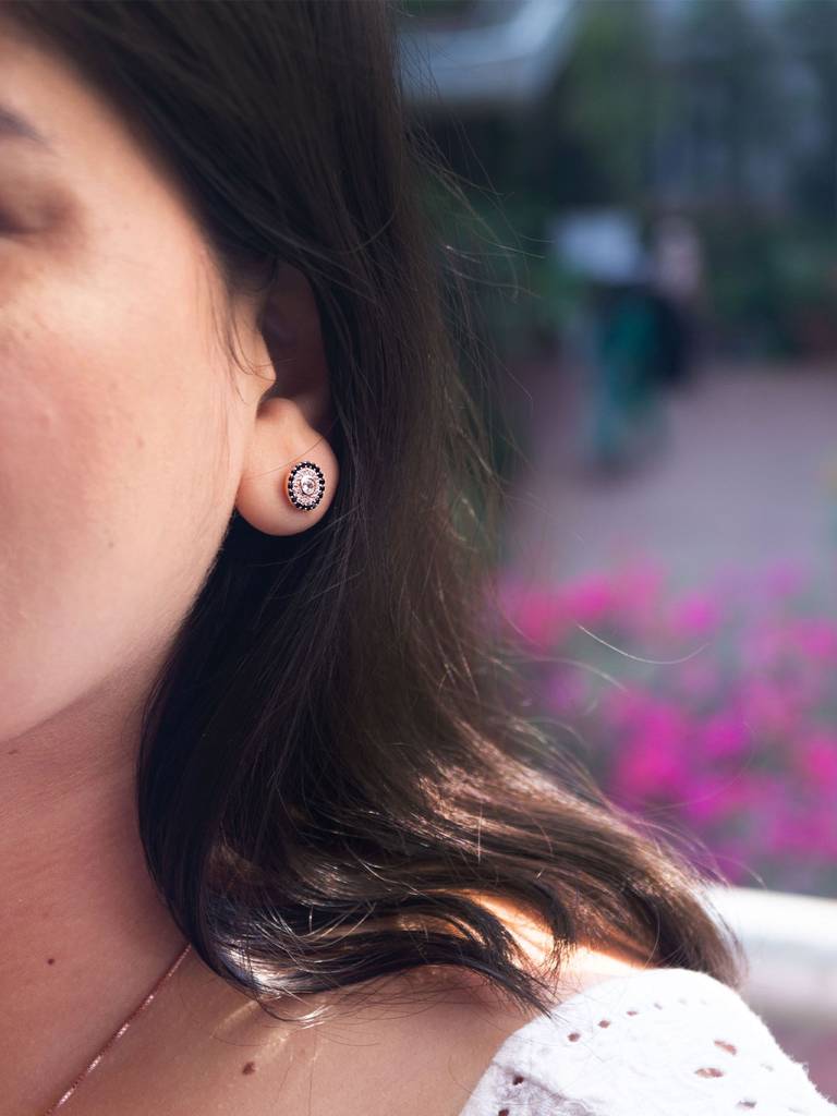Mannash Black Halo Evil Eye Rose Gold Plated Sterling Silver Stud Earrings : MZRES880D2058