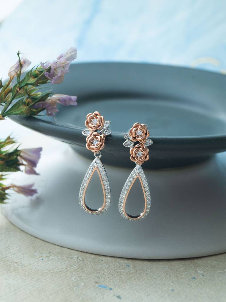 Mannash Garden Of Happiness Silver & Rose Gold Plated Sterling Silver Stud Earrings : MZRES886D2053