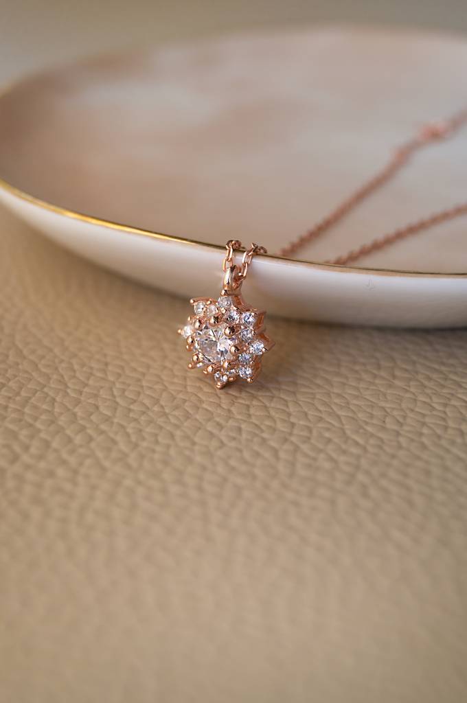 Floral Solitaire Rose Gold Plated Sterling Silver Pendant Set : MZRJPS308D615