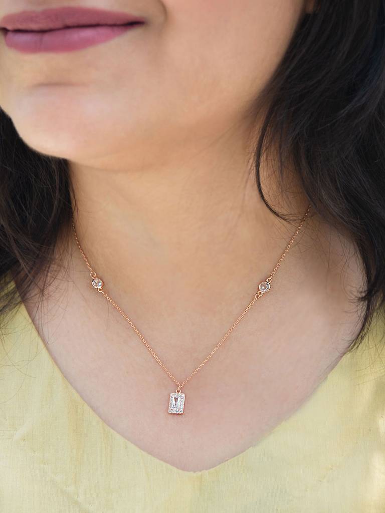 Mannash Mysterical Rectangle Solitaire Rose Gold Plated Sterling Silver Necklace Set : MZRJPS521D1222