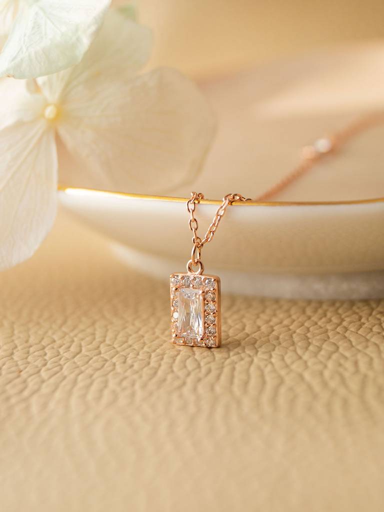 Mannash Mysterical Rectangle Solitaire Rose Gold Plated Sterling Silver Necklace Set : MZRJPS521D1222