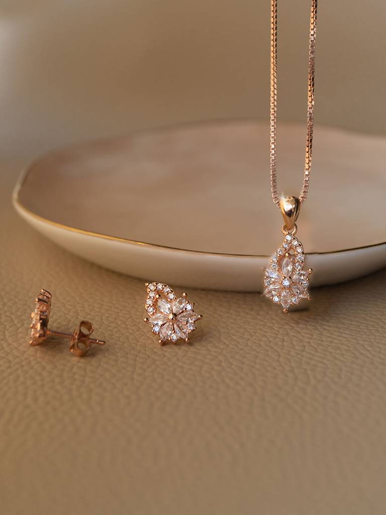 Eclectic Floral Rose Gold Plated Sterling Silver Pendant Set : MZRJPSC300D585