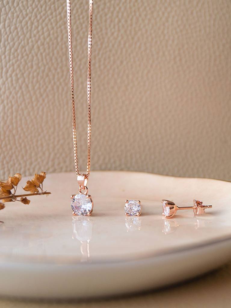 Classic Solitaire Rose Gold Plated Sterling Silver Pendant Set With Chain