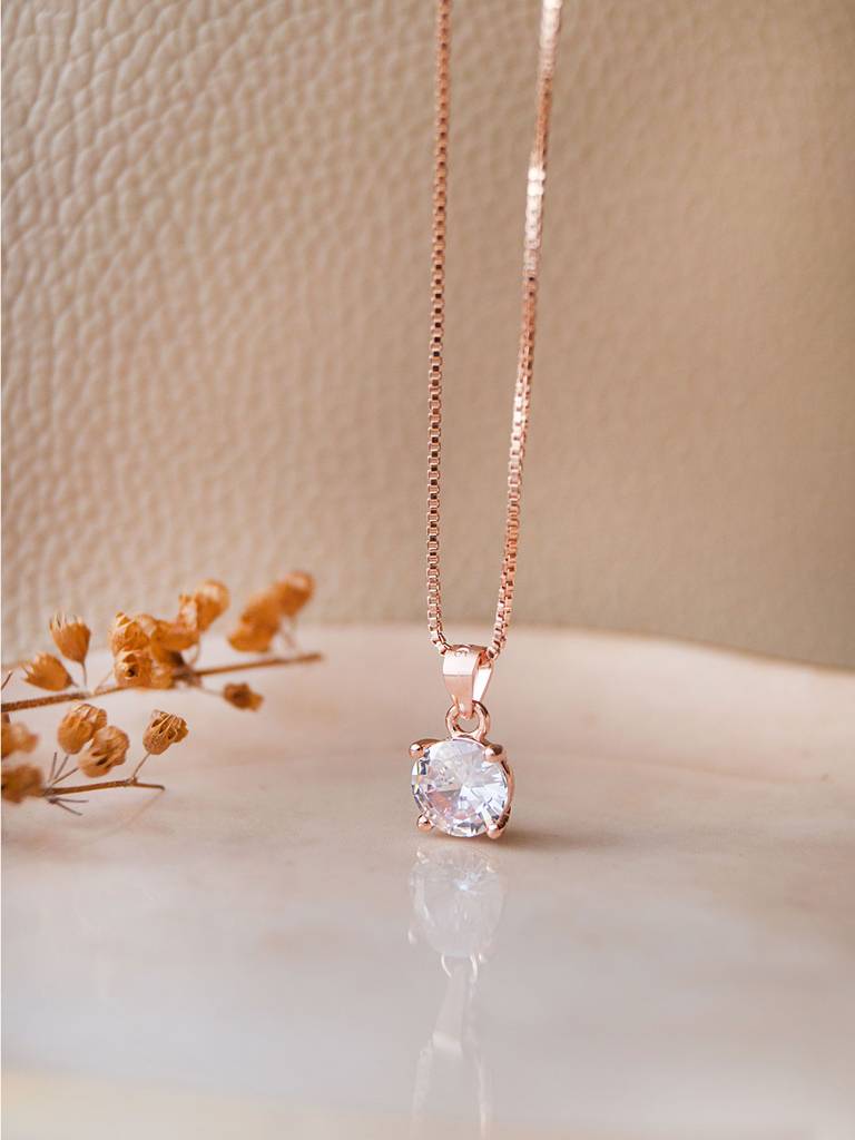 Classic Solitaire Rose Gold Plated Sterling Silver Pendant Set With Chain