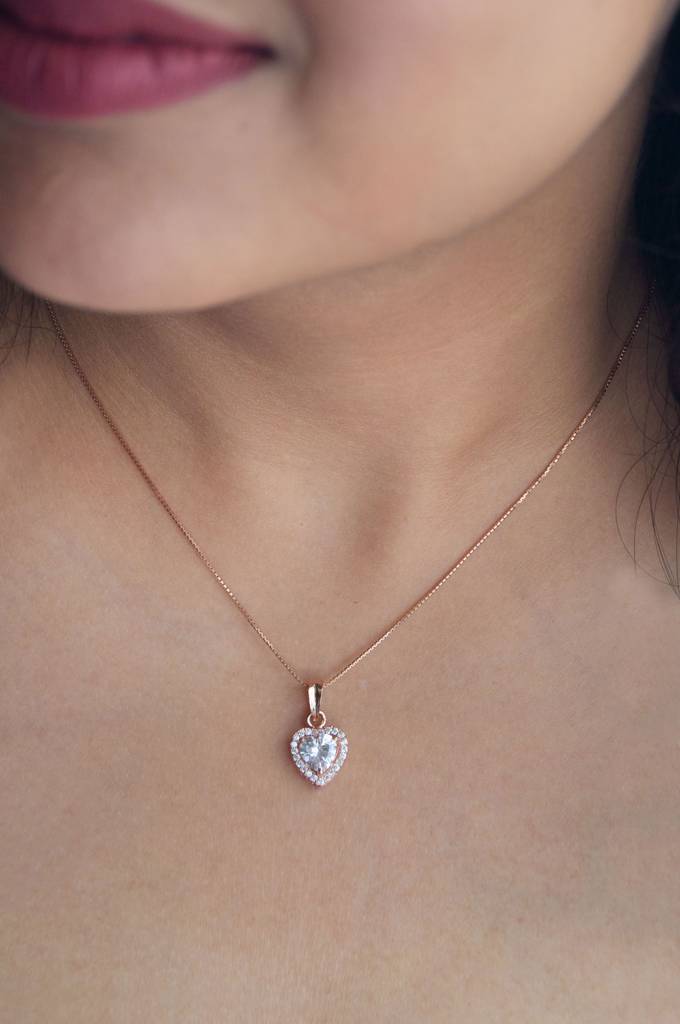 Heart Solitaire Rose Gold Plated Sterling Silver Pendant Set With Chain : MZRJPSC453D1080