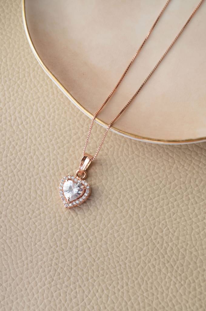 Heart Solitaire Rose Gold Plated Sterling Silver Pendant Set With Chain : MZRJPSC453D1080