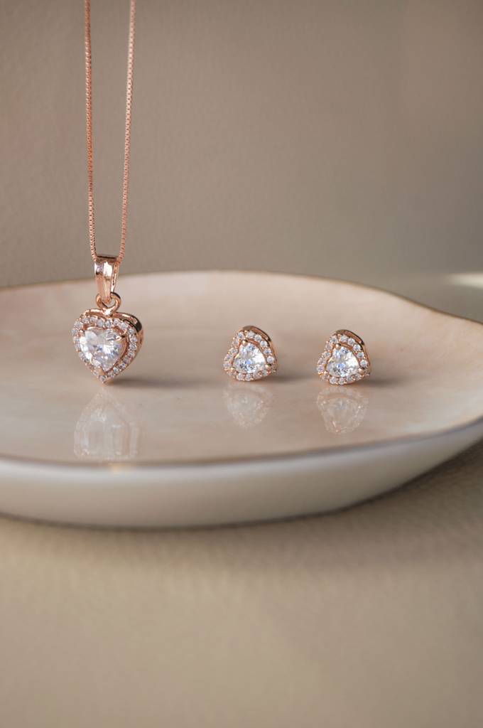 Heart Solitaire Rose Gold Plated Sterling Silver Pendant Set With Chain : MZRJPSC453D1080
