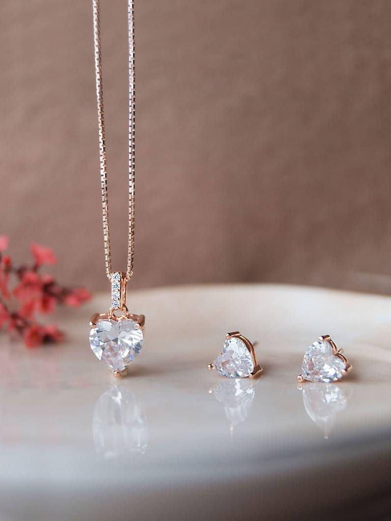 Lovable Heart Solitaire Rose Gold Plated Sterling Silver Pendant Set With Chain : MZRJPSC592D1413