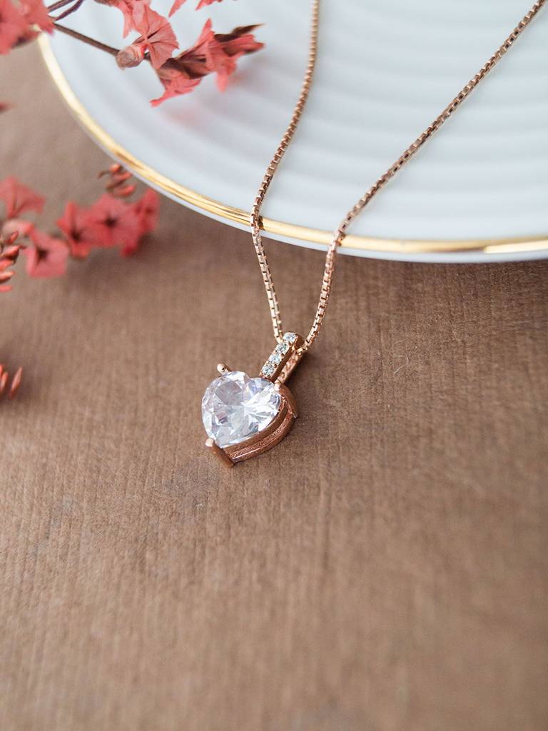 Lovable Heart Solitaire Rose Gold Plated Sterling Silver Pendant Set With Chain : MZRJPSC592D1413