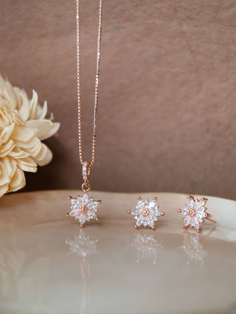 Flowery Sunflower Garland Rose Gold Plated Sterling Silver Pendant Set With Chain : MZRJPSC595D1428