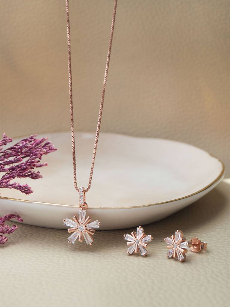 Mannash Star Burst Flower Rose Gold Plated Sterling Silver Pendant Set : MZRJPSC799D1864