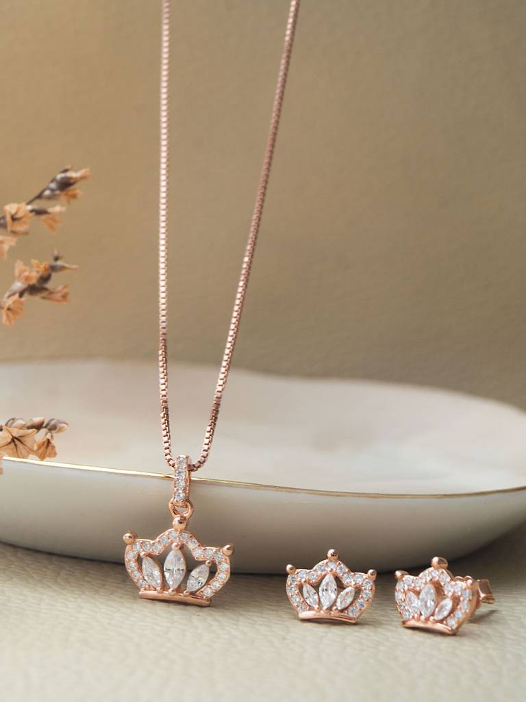 Mannash Pretty Crown Rose Gold Plated Sterling Silver Pendant Set