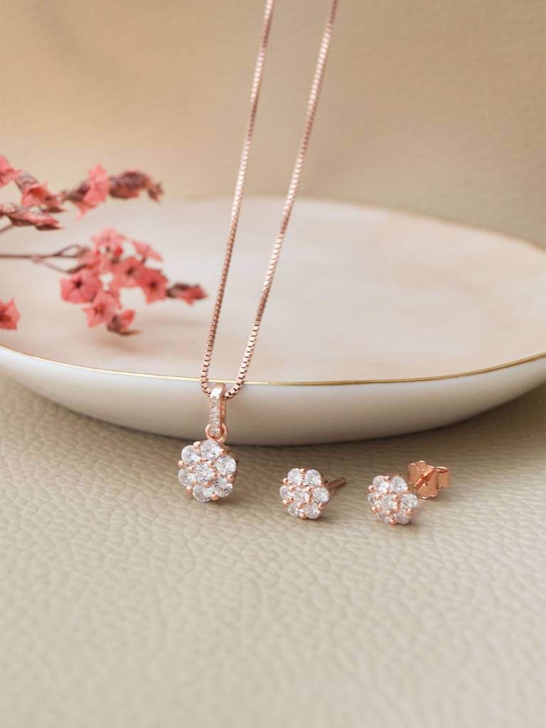 Mannash Little Sparkle Cluster Rose Gold Plated Sterling Silver Pendant Set : MZRJPSC806D1899