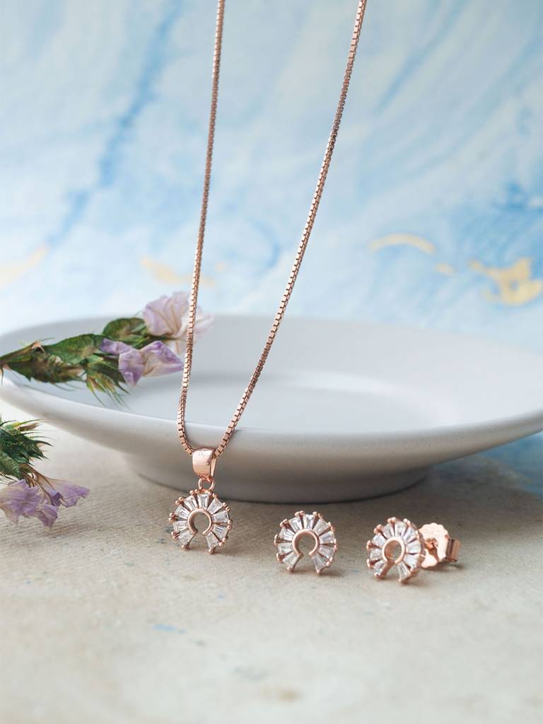 Mannash Channel Sparkle Circle Rose Gold Plated Sterling Silver Pendant Set : MZRJPSC877D2045