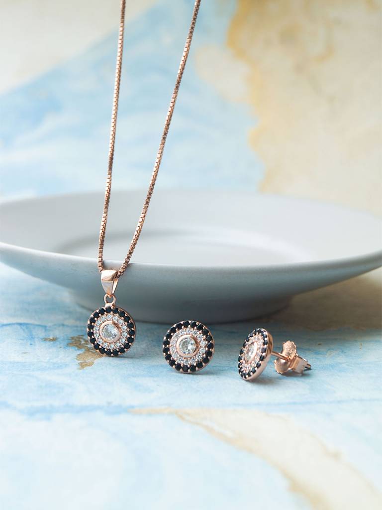 Mannash Black Halo Evil Eye Rose Gold Plated Sterling Silver Pendant Set : MZRJPSC880D2060